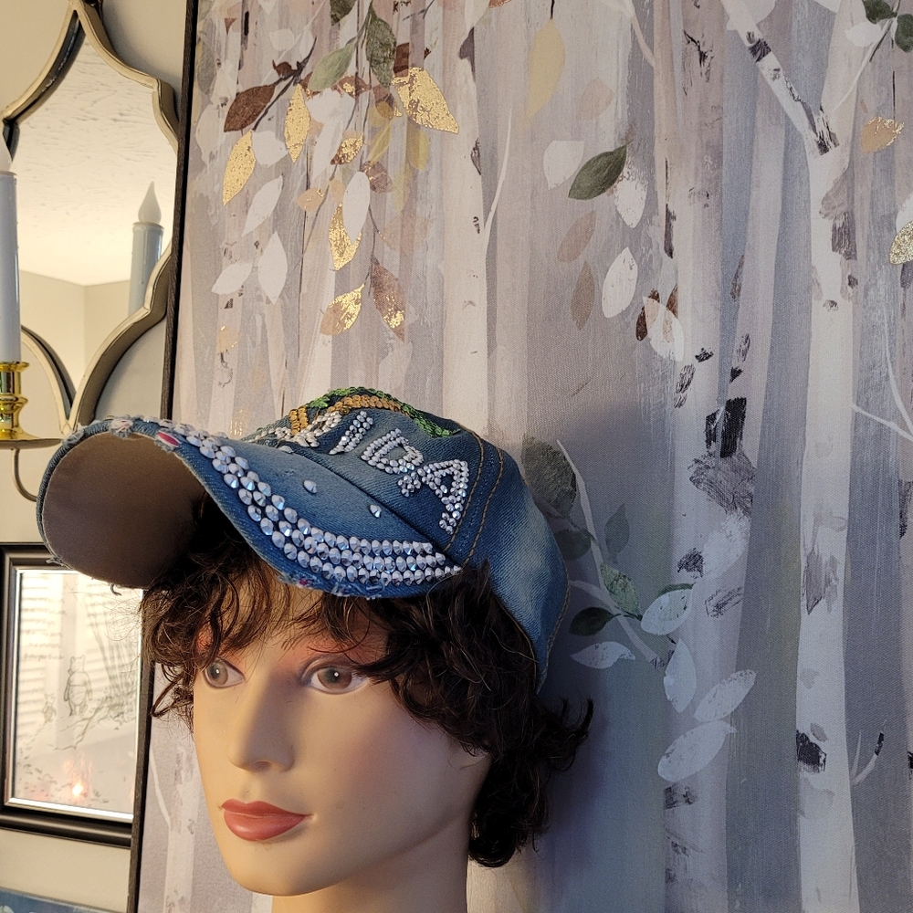 Florida Palm Trees Bedazzled Vintage Look Denim Asjustable Adult Ball Cap - Picture 4 of 13